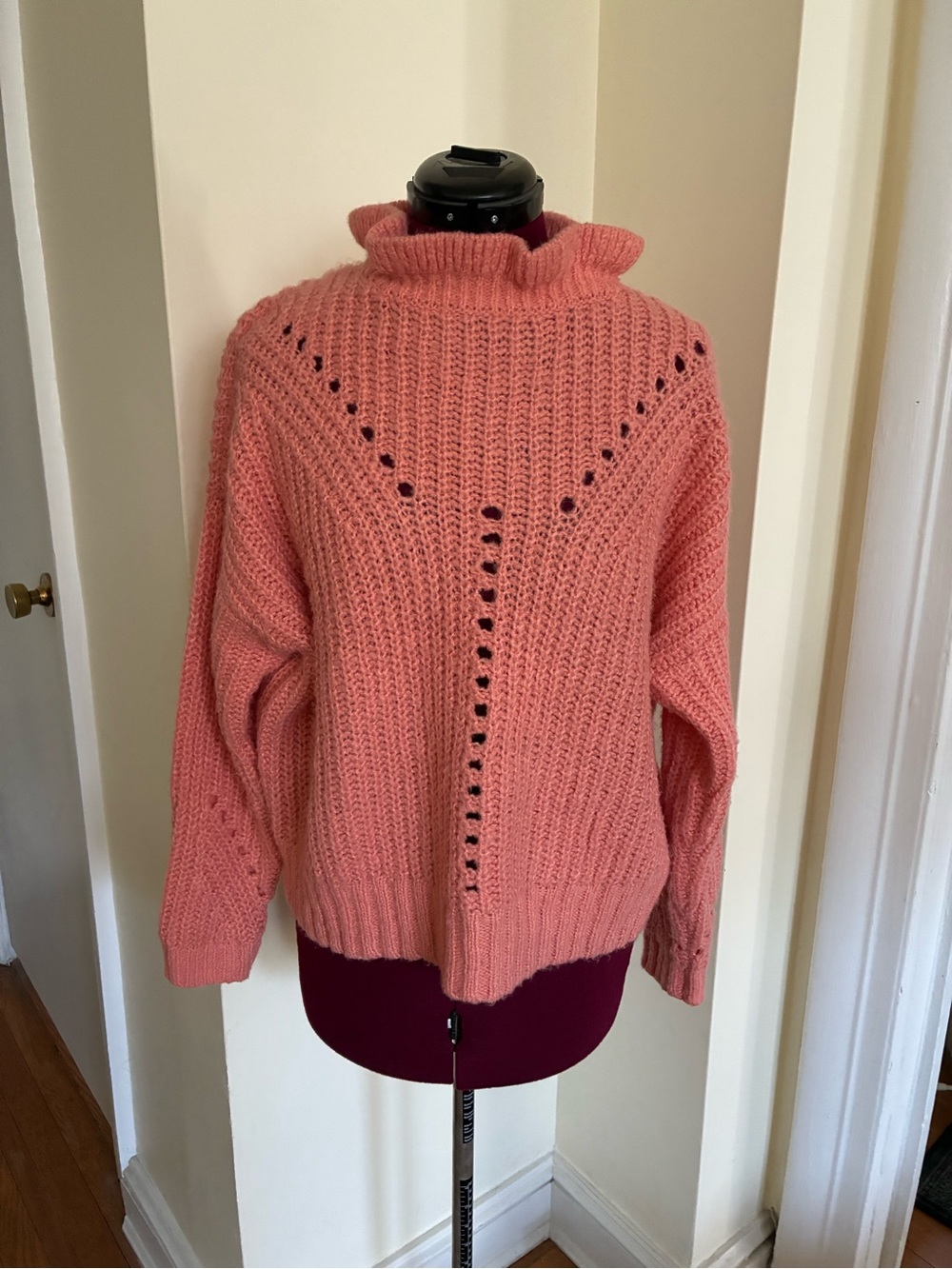 Oliver Bonas Frill Neck Pink Chunky Knit Sweater Jumper